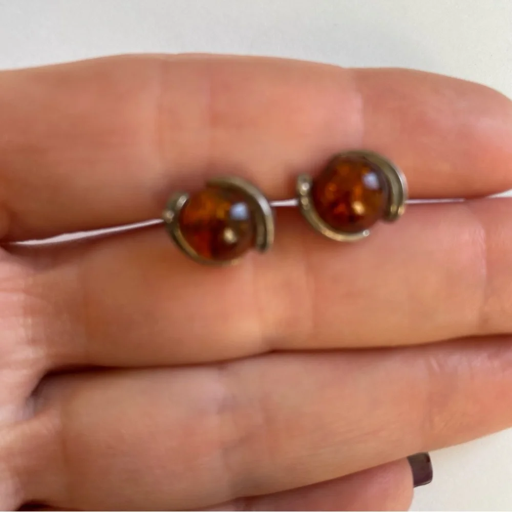 EARRINGS AMBER STERLING SILVER 925 POST STUD PIERCED ROUND 2.5 g